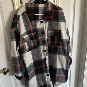 SHEIN Plaid Button-Up Shacket in Cream, Black & Rust